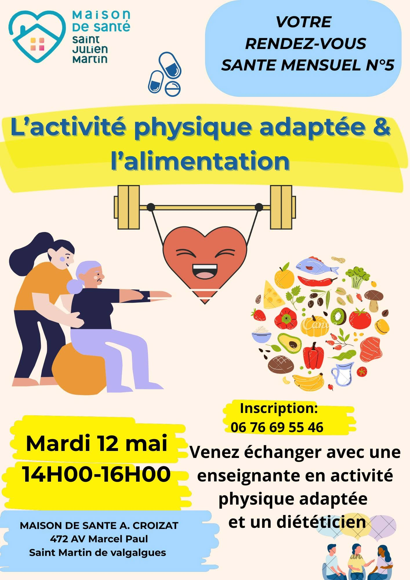 Affiche rendez-vous santé du 12 mai : activité physique adaptée et alimentation, MSP Ambroise Croizat