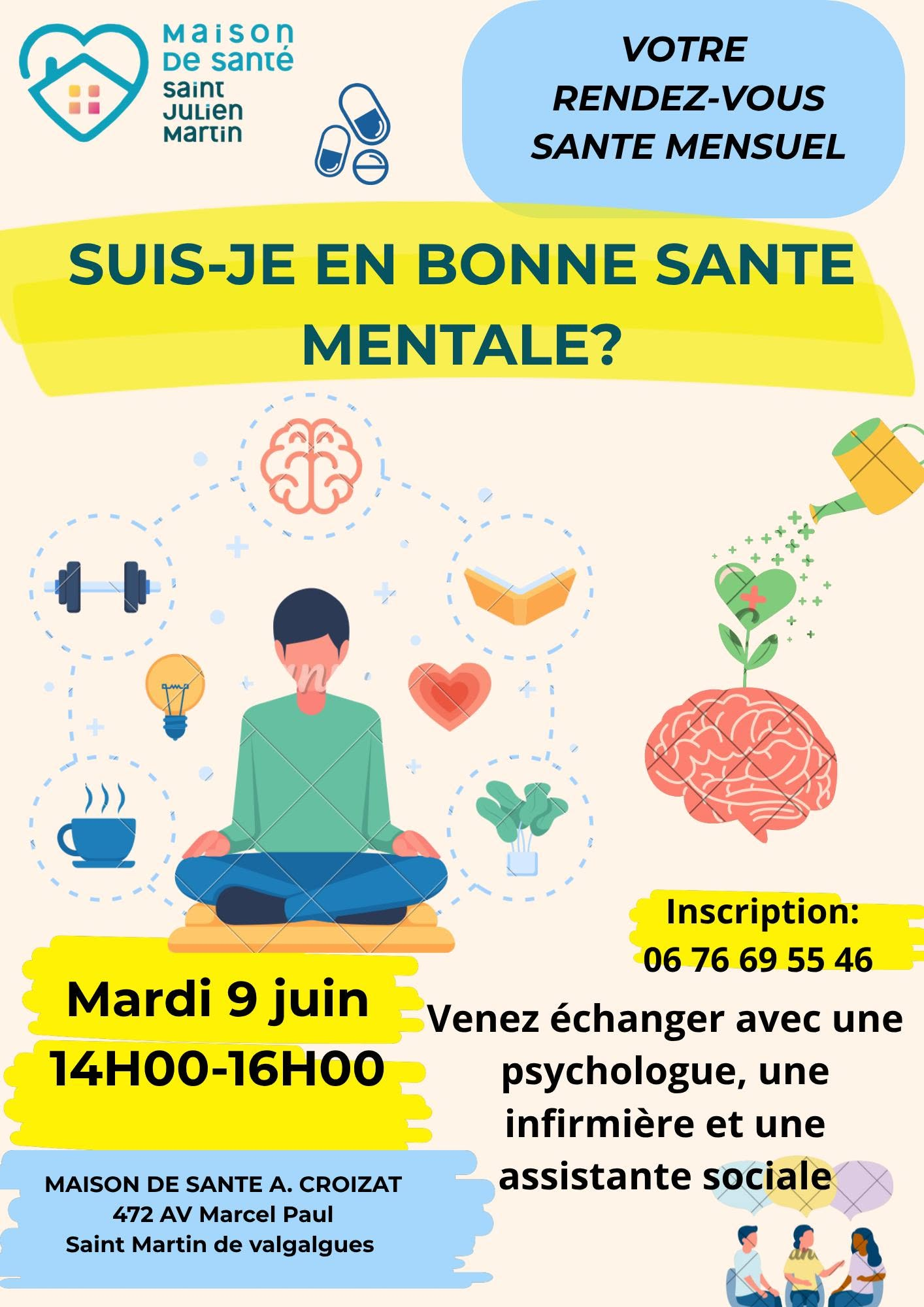 Affiche rendez-vous santé du 9 juin : santé mentale, MSP Ambroise Croizat