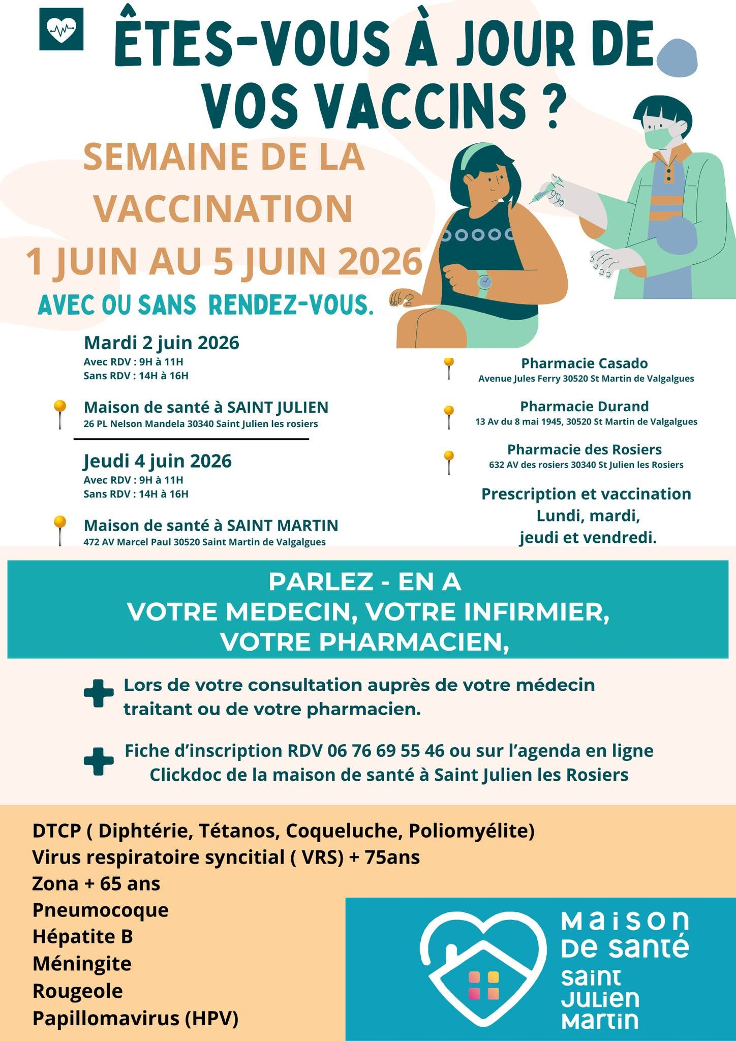 Affiche semaine de la vaccination du 1er au 5 juin, MSP Saint-Julien-Saint-Martin